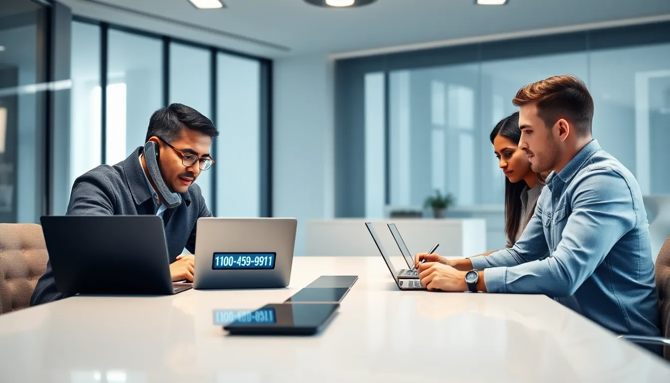 professionals discussing solutions around a conference table with a phone number.